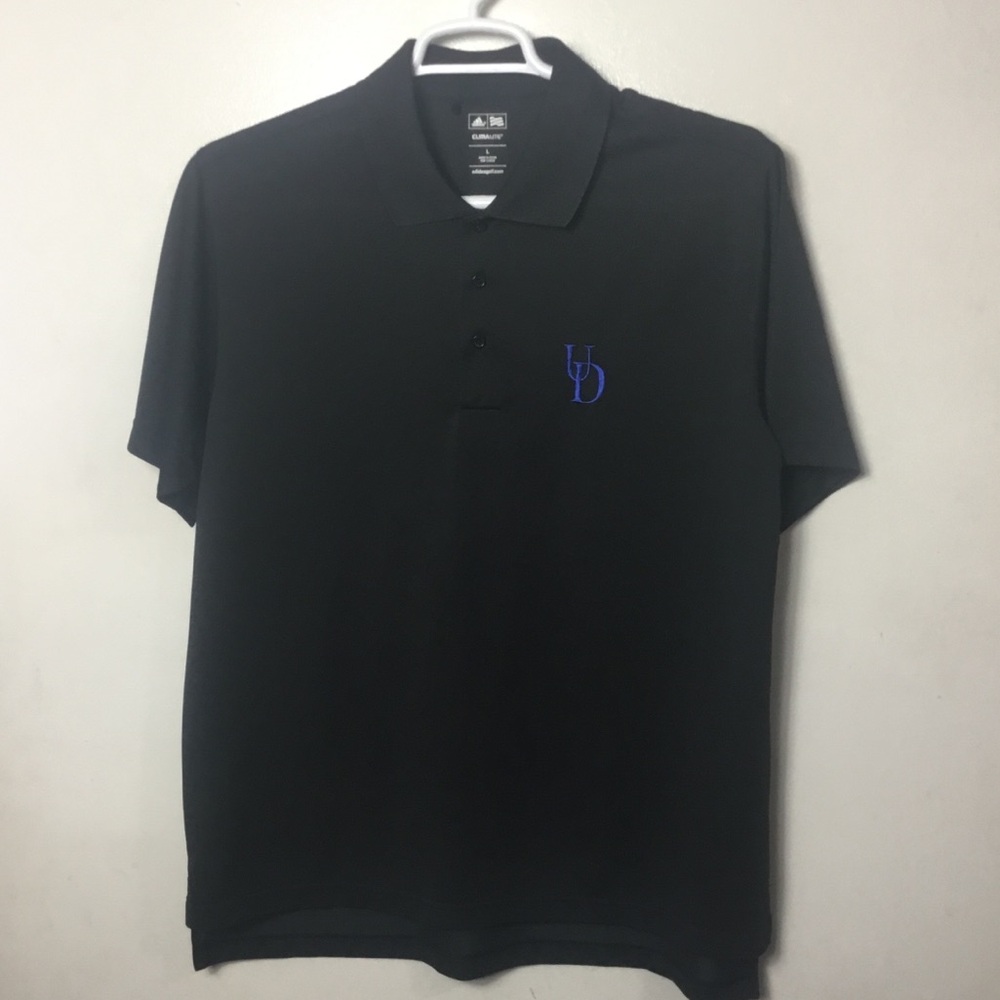 University of Delaware Adidas black short sleeve polo shirt. Large